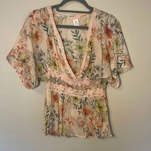 Peach Orange Floral Lace Sheer Waist Surplice Top size medium boho